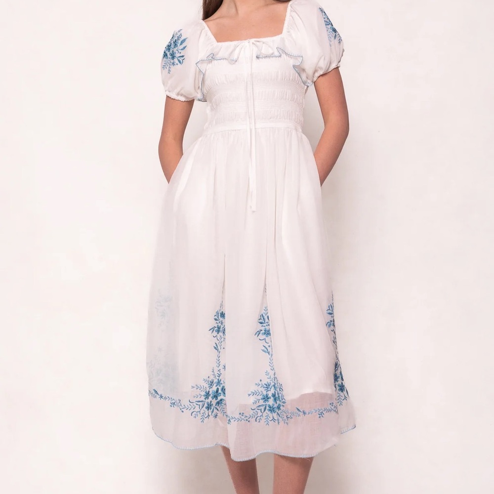 Ivy City Co Mae Dress - White with Blue Floral Design
